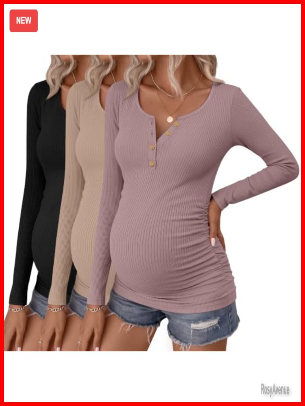 3 Pack Maternity Long Sleeve Henley Shirts Cotton Blend Ruching